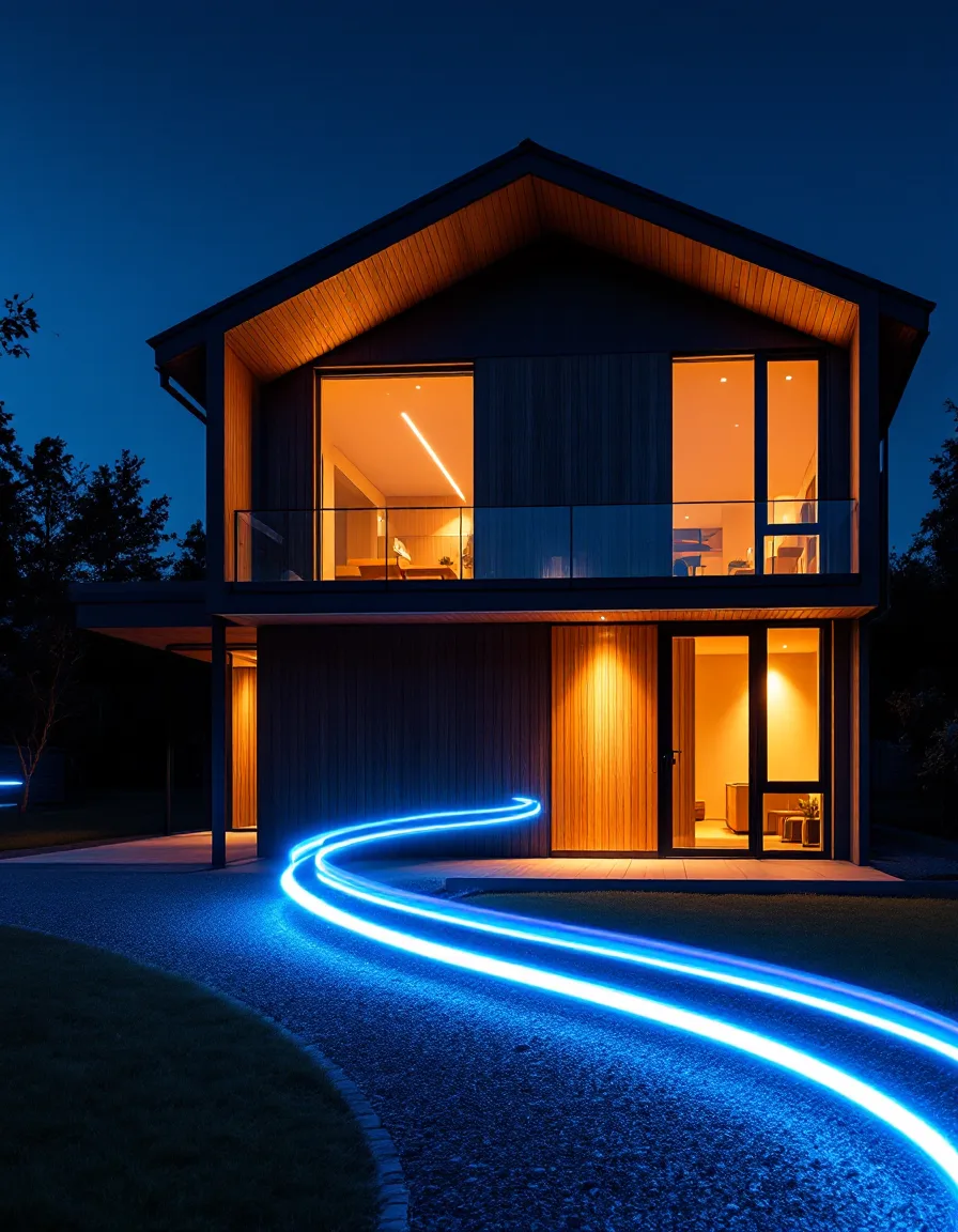 Long-exposure photograph of a modern house at blue hour with soft cyan light trails sweeping past the front door