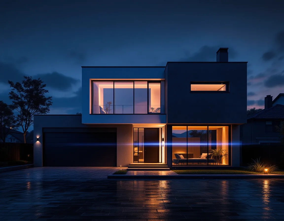 Rendered modern house at dusk with a lit porch lamp and wet slate drive