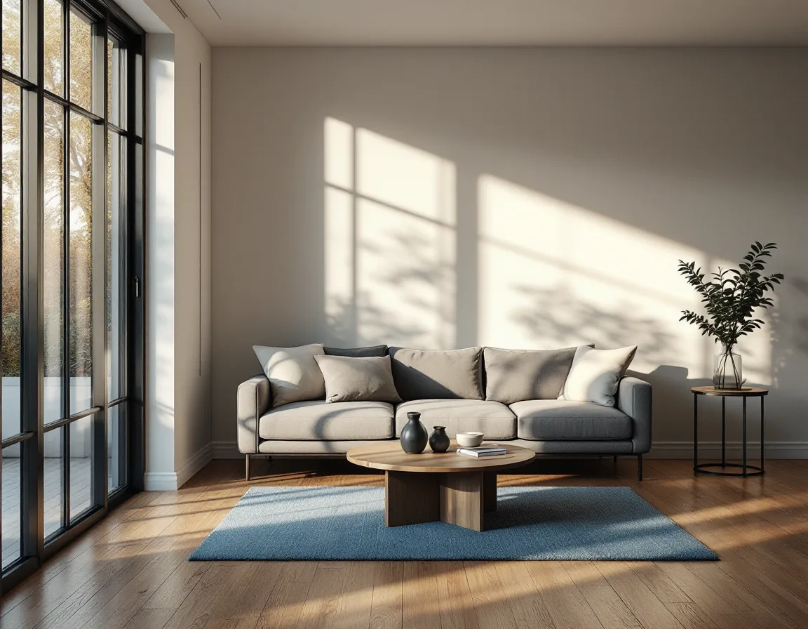 Rendered interior with afternoon light across oak floorboards